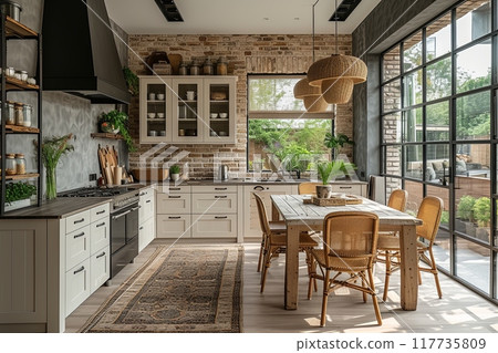 Loft modern kitchen with a large window and a table with chairs, clean and well organized 117735809