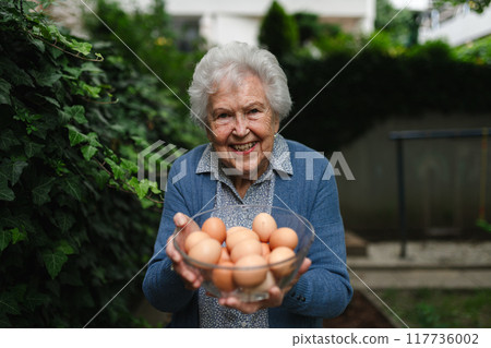 Elderly woman holding bowl full of farm fresh eggs. Happy old farmer is delighted collected homegrown eggs. 117736002