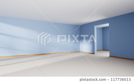 3d empty room corner with doorway render. Modern house or office interior perspective with light and window shadow on blue wall, wooden beige floor, white ceiling and hallway entrance. 3D illustration 117736013
