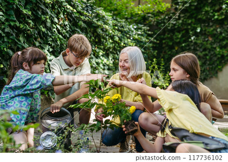 Young kids taking care of plants in school garden during at outdoor sustainable education class, planting flowers, herbs and vegetables. Concept of experiential learning and ecoliteracy. Young kids taking care of plants in school garden during at outdoor sustainable education class, planting flowers, herbs and vegetables. Concept of experiential learning and ecoliteracy. 117736102
