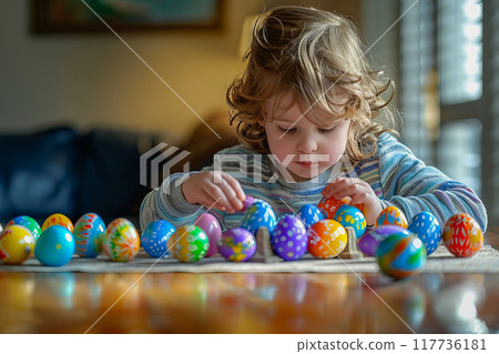 A young child is creatively adorning Easter eggs with vibrant colors.. 117736181