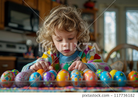 A young child is creatively adorning Easter eggs with vibrant colors.. 117736182