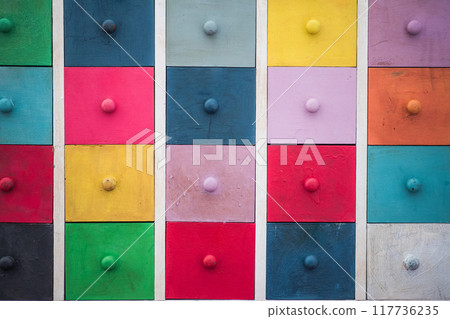 Colorful school lockers or cabinets in elementary classroom, no students. Back to school concept. Colorful school lockers or cabinets in elementary classroom, no students. Back to school concept. 117736235