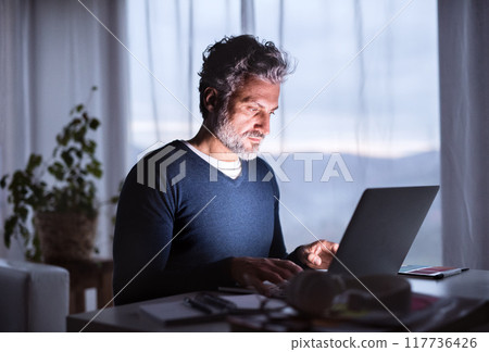 Handsome man working from home office at evening, using laptop. Screen glow illuminates man's face. Telecommuting and home office. Handsome man working from home office at evening, using laptop. Screen glow illuminates man's face. Telecommuting and home office. 117736426