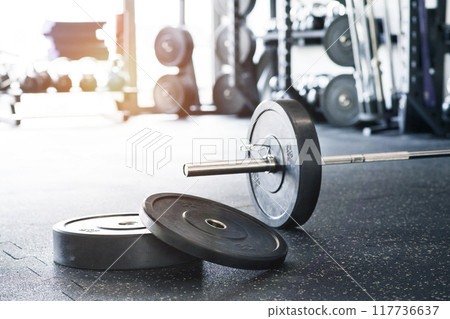 Rows of metal barbells on floor and rack for strength training in gym. 117736637