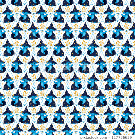A magical seamless pattern with a dragon sorcerer holding a magic wand. A magical seamless pattern with a dragon sorcerer holding a magic wand. 117736639