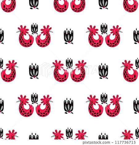 Folk ornamental bird and flowers seamless pattern. Suitable for printing on fabric and paper. Vector background Folk ornamental bird and flowers seamless pattern. Suitable for printing on fabric and paper. Vector background 117736713