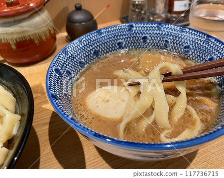 Rich seafood and pork bone tsukemen, flat, hand-kneaded, curly noodles 117736715