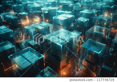 motion rectangular shaped packages transported via a logistics system, technology is futuristic. 117736729