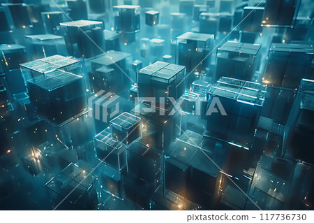 motion rectangular shaped packages transported via a logistics system, technology is futuristic. 117736730