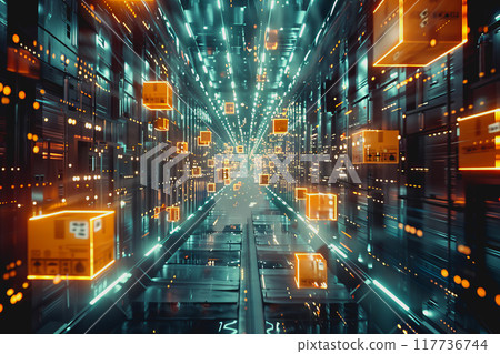 motion rectangular shaped packages transported via a logistics system, technology is futuristic. 117736744