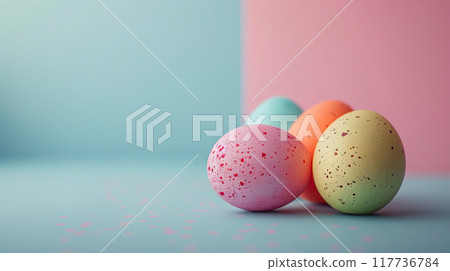 Easter eggs on blank background with pastel colours, leaving ample space for text 117736784