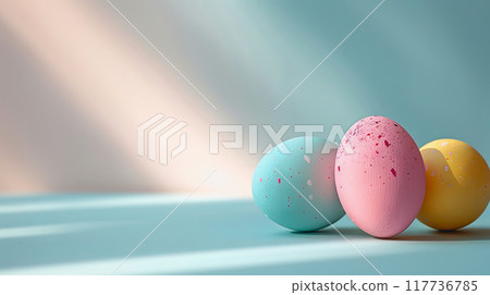 Easter eggs on blank background with pastel colours, leaving ample space for text 117736785