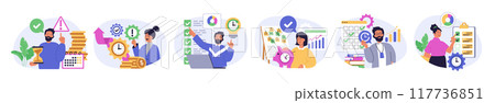 Time management concept set in flat design for web. Collection with people managing daily schedule with calendar, planning tasks in checklists, making work efficiency to deadline. Vector illustration. Time management concept set in flat design for web. Collection with people managing daily schedule with calendar, planning tasks in checklists, making work efficiency to deadline. Vector illustration. 117736851