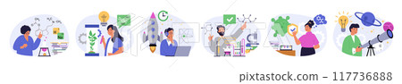 Science lab concept set in flat design for web. Collection with people making chemical research in flask, learning plants or viruses, working at astronomy engineering programs. Vector illustration. Science lab concept set in flat design for web. Collection with people making chemical research in flask, learning plants or viruses, working at astronomy engineering programs. Vector illustration. 117736888