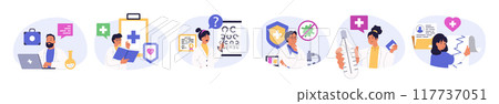 Medical services concept set in flat design for web. Collection with people making tests in lab, diagnosis patients and prescribing treatment, research viruses, checking eyesight. Vector illustration. 117737051