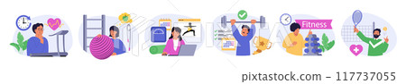Fitness concept set in flat design for web. Collection with people doing cardio training at treadmill, exercising with gym ball, lose weight, lifting barbell, playing tennis. Vector illustration. Fitness concept set in flat design for web. Collection with people doing cardio training at treadmill, exercising with gym ball, lose weight, lifting barbell, playing tennis. Vector illustration. 117737055
