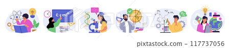 Education concept set in flat design for web. Collection with people learning science, reading books, brainstorming and getting knowledge, making tests with microscope in lab. Vector illustration. Education concept set in flat design for web. Collection with people learning science, reading books, brainstorming and getting knowledge, making tests with microscope in lab. Vector illustration. 117737056