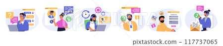Contact us concept set in flat design for web. Collection with people answering calls, chatting with clients, gives info and advices, supporting and solving customer problems. Vector illustration. 117737065