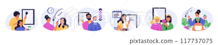 Beauty salon concept set in flat design for web. Collection with people doing haircut and hairstyle, women gets facial skin treatments, man gets beard procedure in barbershop. Vector illustration. 117737075