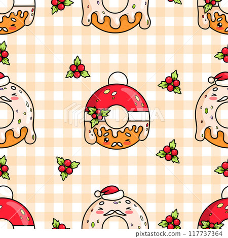 Seamless pattern with cute Christmas gingerbread Santa with dripping glaze on checkered beige background with holly. Funny traditional holiday cartoon kawaii character food. Vector illustration. 117737364