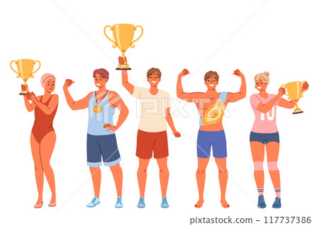 Several athletes with gold cups and medals boast of achievements and trophies received at olympics 117737386