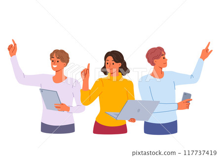 Team freelancers with gadgets, working together on project, stretching out hands to virtual screens Team freelancers with gadgets, working together on project, stretching out hands to virtual screens 117737419
