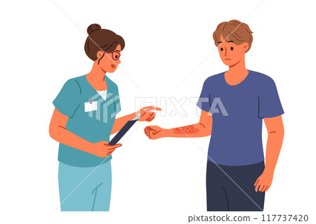 Man with allergies seen by doctor examining rash and redness of skin caused by influence of allergen Man with allergies seen by doctor examining rash and redness of skin caused by influence of allergen 117737420