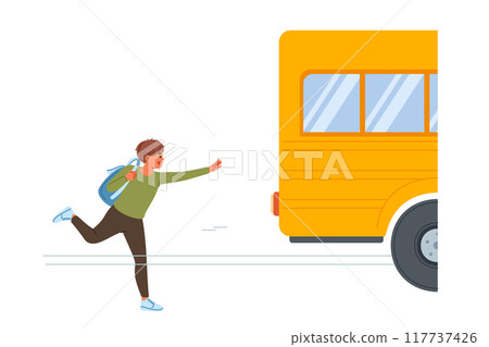 Boy who is late for school bus with backpack on back runs and screams loudly to make it to class 117737426