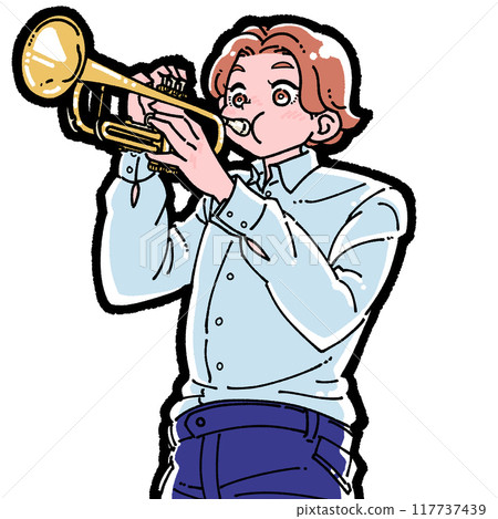 Illustration of a boy playing the trumpet 117737439