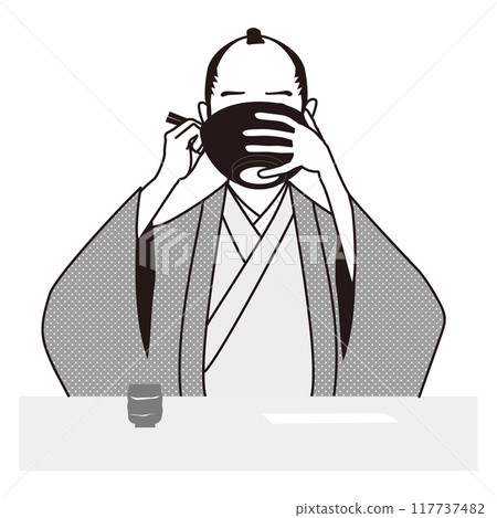 A samurai eating noodles and drinking broth 117737482