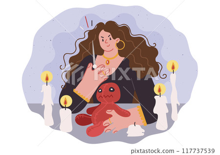 Woman with needle and voodoo doll practices black magic and casts curse on victim 117737539