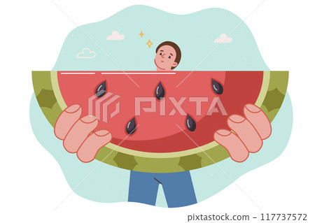 Piece of watermelon in hands of hungry man eating sweet fruit to quench thirst and relieve hunger 117737572