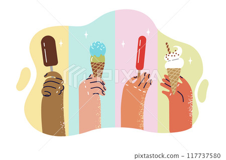 Ice cream in hands of people eating cold dessert to satisfy hunger in summer heat Ice cream in hands of people eating cold dessert to satisfy hunger in summer heat 117737580
