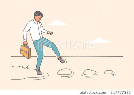 Business man carefully overcomes water obstacle from river to get to other side and achieve success Business man carefully overcomes water obstacle from river to get to other side and achieve success 117737582