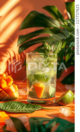 Refreshing Mango Cocktail with Orange Slice and Ice Cubes 117737625