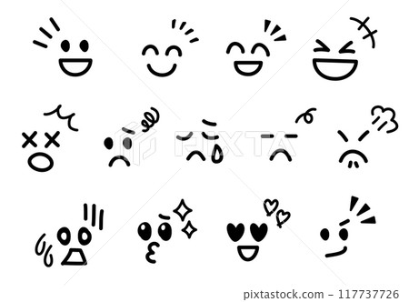 Cute hand-drawn emojis and emoticons with various expressions, no outline, black Cute hand-drawn emojis and emoticons with various expressions, no outline, black 117737726