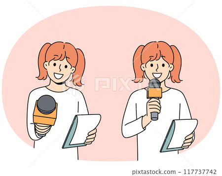 Little girl reporter with microphone smiling participating in shooting of educational TV show Little girl reporter with microphone smiling participating in shooting of educational TV show 117737742