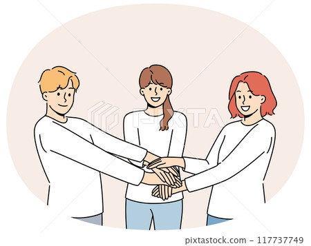 Friendly team people holding hands demonstrate cohesion and unity, wanting to achieve goals together 117737749