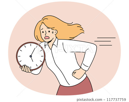 Running woman is holding clock and is nervous trying to comply with deadlines and complete work Running woman is holding clock and is nervous trying to comply with deadlines and complete work 117737759