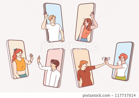 People on mobile phones wave hands in friendly manner and want to communicate and get to know each 117737814