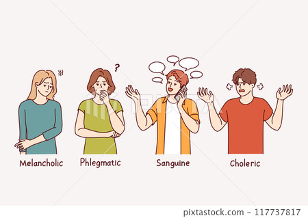 People with different temperament with text melancholic and phlegmatic or sanguine and choleric People with different temperament with text melancholic and phlegmatic or sanguine and choleric 117737817