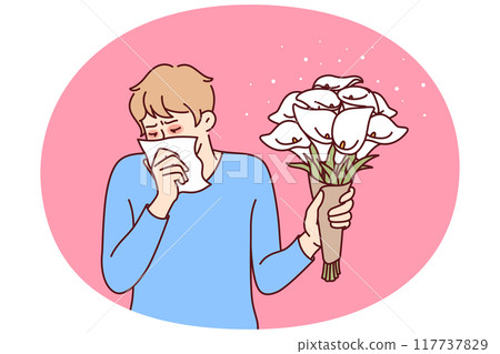 Allergic man holding bouquet flowers and using handkerchief suffering from pollen Allergic man holding bouquet flowers and using handkerchief suffering from pollen 117737829