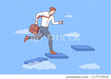 Business man is running up career ladder in sky, aiming to achieve success and become boss 117737830