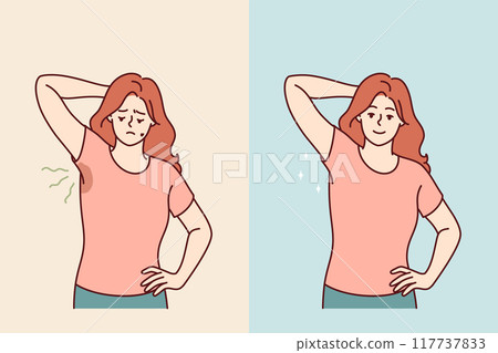 Woman with sweaty armpits rejoices after smell and stains on clothes disappear thanks to deodorant Woman with sweaty armpits rejoices after smell and stains on clothes disappear thanks to deodorant 117737833