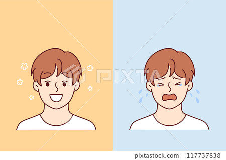 Little boy smiles and begins to cry due to fatigue or problems with socialization Little boy smiles and begins to cry due to fatigue or problems with socialization 117737838