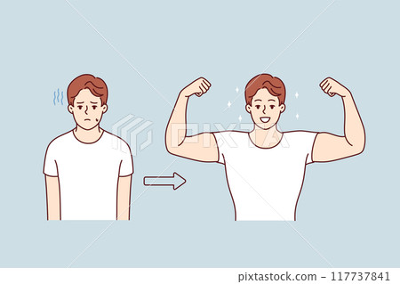 Muscular man shows biceps, standing next to previous version of himself, rejoicing at transformation Muscular man shows biceps, standing next to previous version of himself, rejoicing at transformation 117737841
