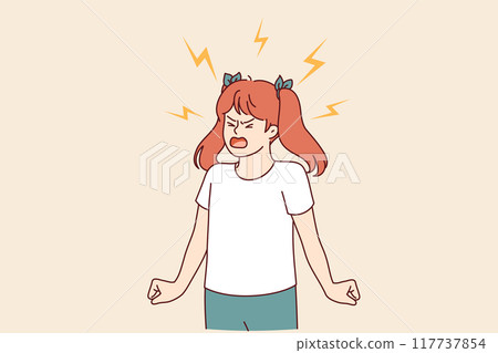 Angry teenage girl screams and throws hysteria due to harmfulness and psychological problems Angry teenage girl screams and throws hysteria due to harmfulness and psychological problems 117737854
