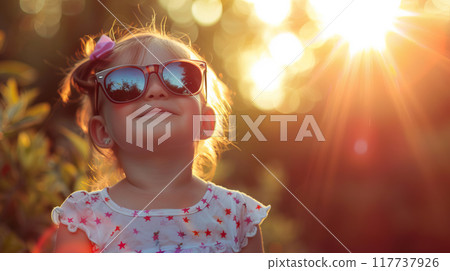 Happy Child in Sunglasses at Sunset 117737926