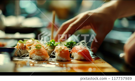 Sushi Chef Skillfully Preparing Sashimi 117737989